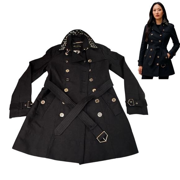 Sam Edelman Studded Rhinestone TRENCH COAT Women's SM Black Gold Silver Spiked - Picture 2 of 13